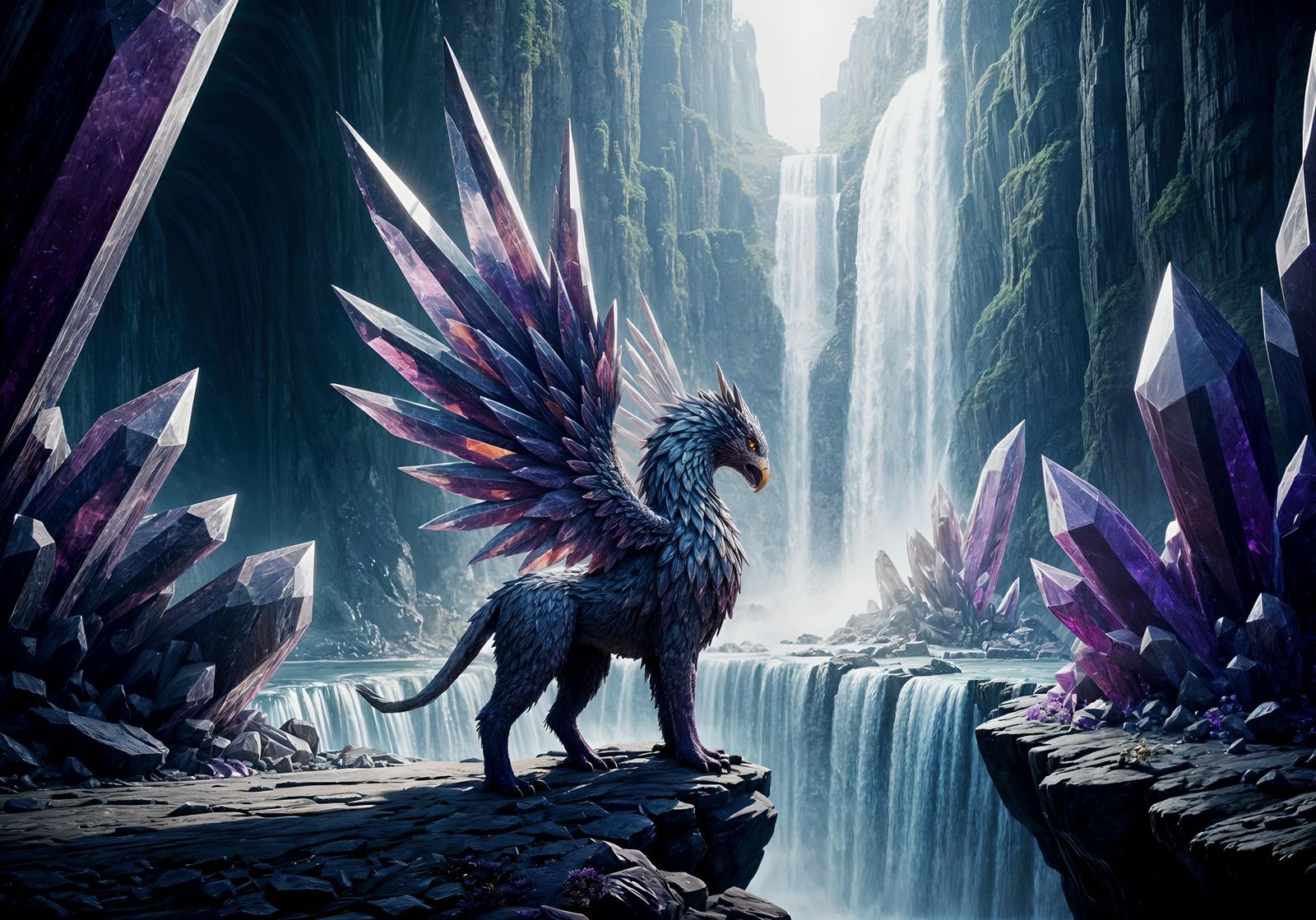 Crystal Griffin in Dark Fantasy Landscape