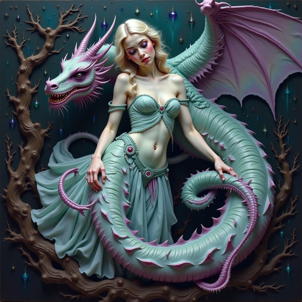 Dark Folk Art Dragon Girl with Gothic Horror Elements