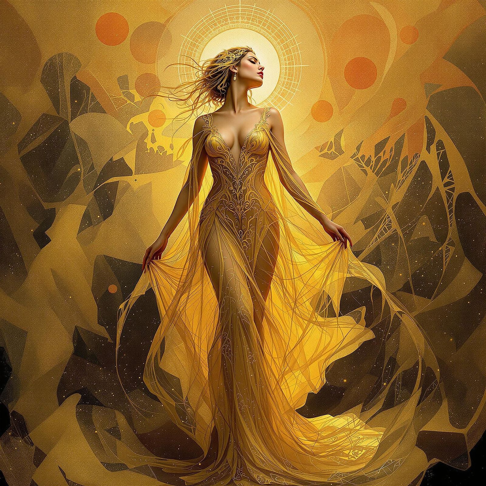 Ethereal Woman in Golden Light, Art Nouveau Style