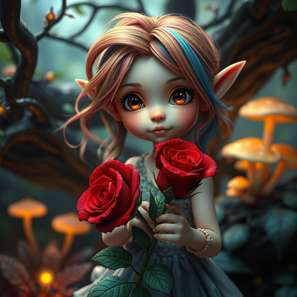 Whimsical Elf Maiden in Rainbow Locks Offers Red Rose
