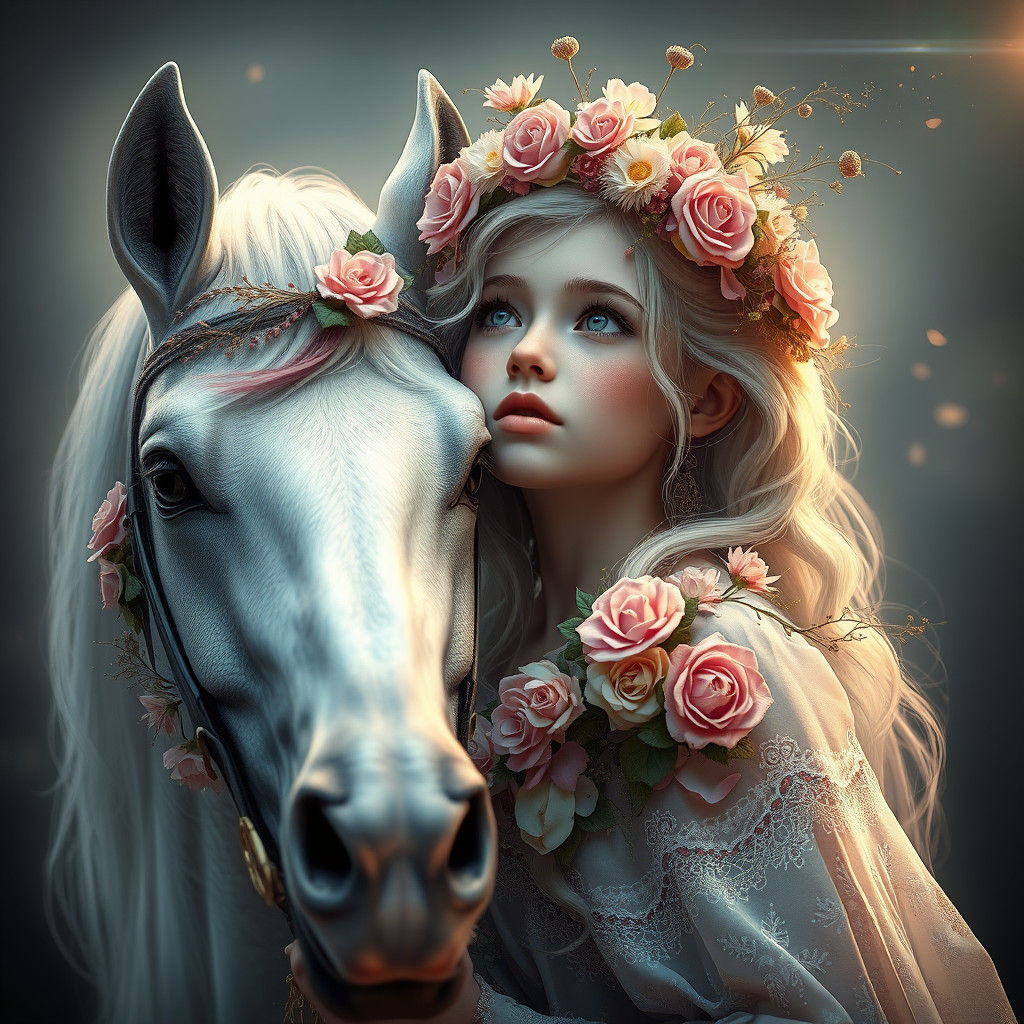 Ethereal Flower Girl with Horse in Fantasy Art Style