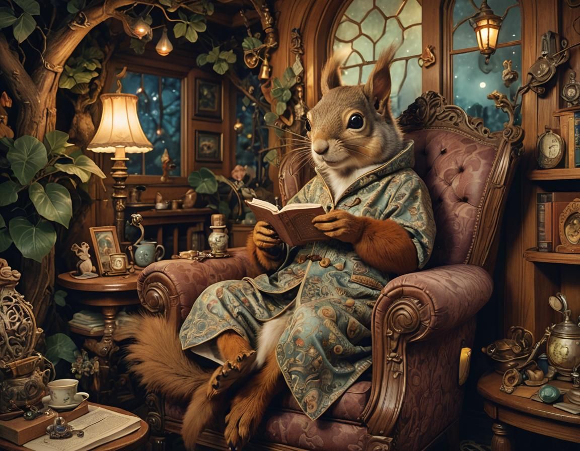 Squirrel Reading in Treehouse: Surreal Art Nouveau