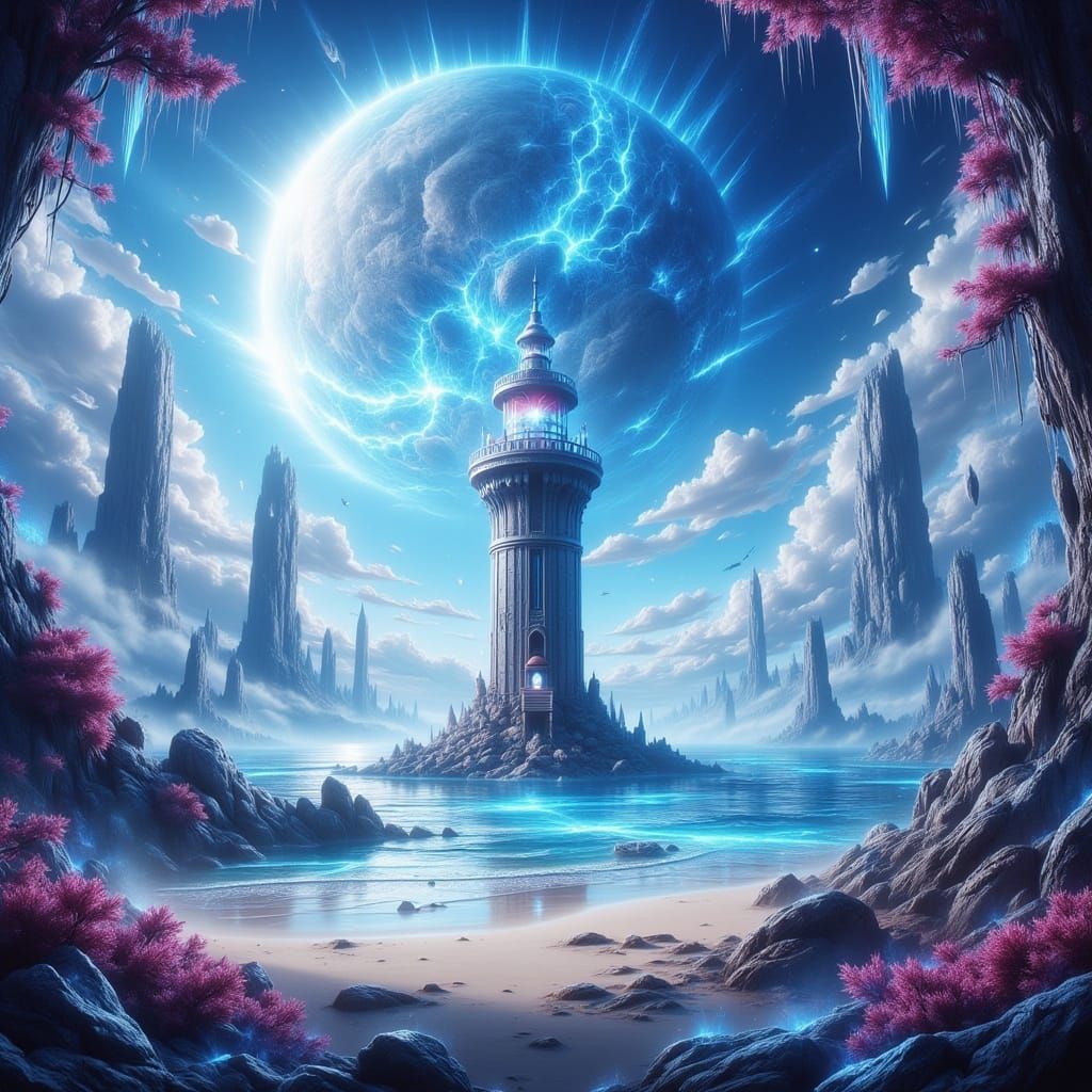 Fantasy Beach with Floating Islands in 3D Anime Style