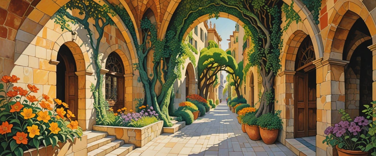 Sunlit Abandoned Passageway in Watercolor Gouache Style