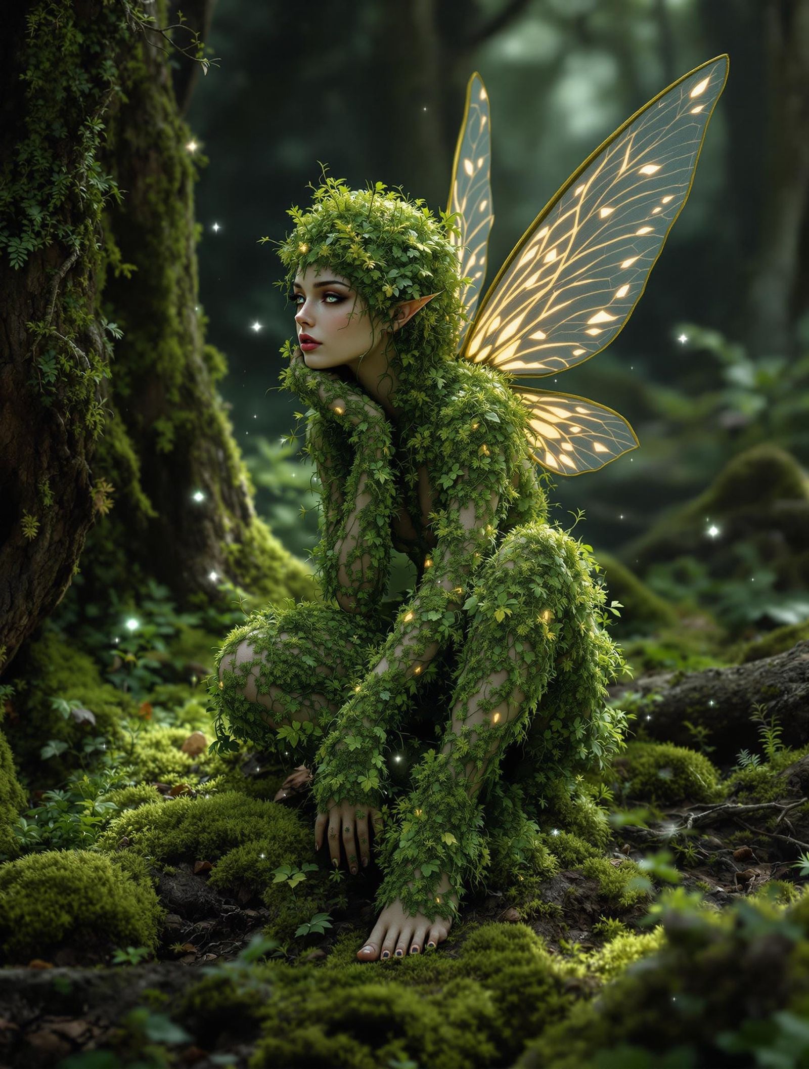 Mossbound Fairy in Realistic Bas-Relief Digital Art