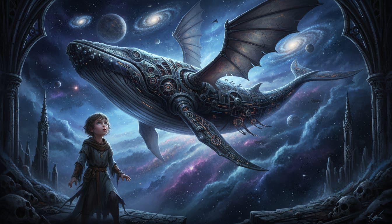 Child Witnesses Biomechanical Whale in Gothic Nebula