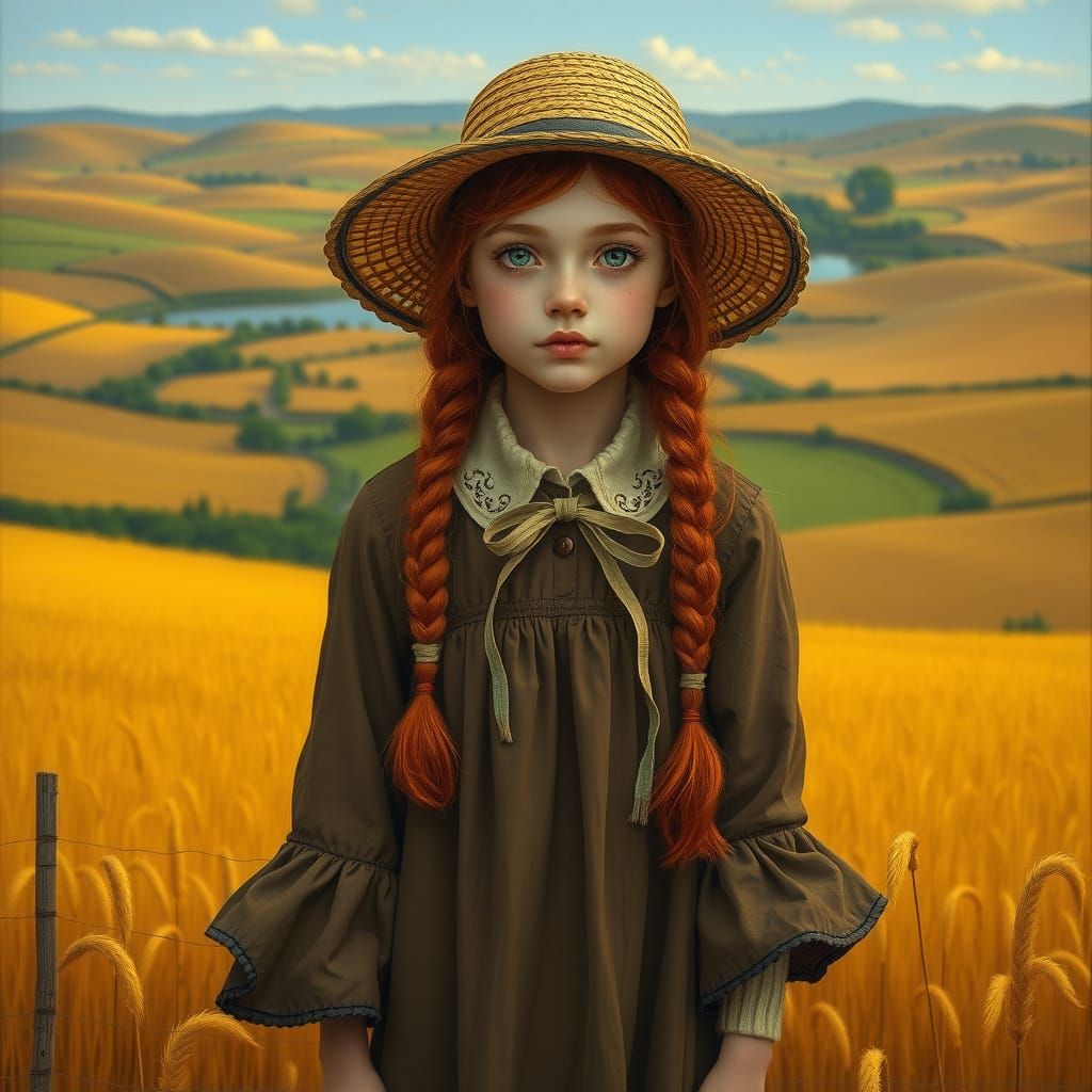 Red-Haired Girl in Golden Fields: Rustic Realism