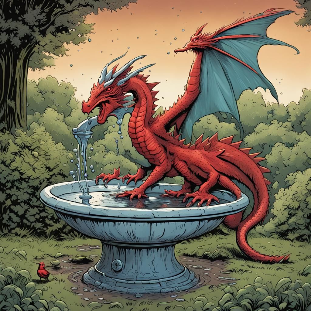 dragon drinking from a birdbath