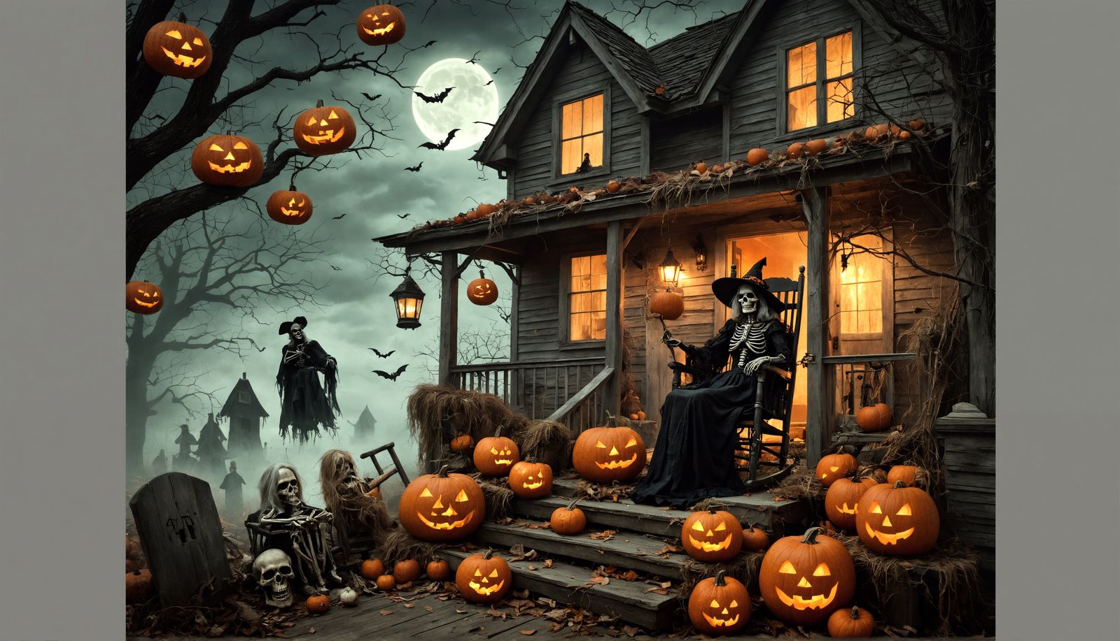 Eerie Halloween Witch on Decaying Porch in Illustrative Styl...