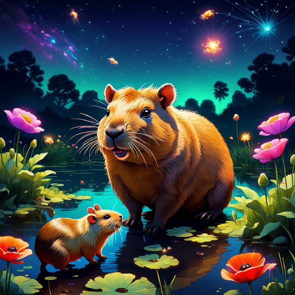 Capybara and Guinea Pig Friendship Unfolds in Neon Dreamscap...