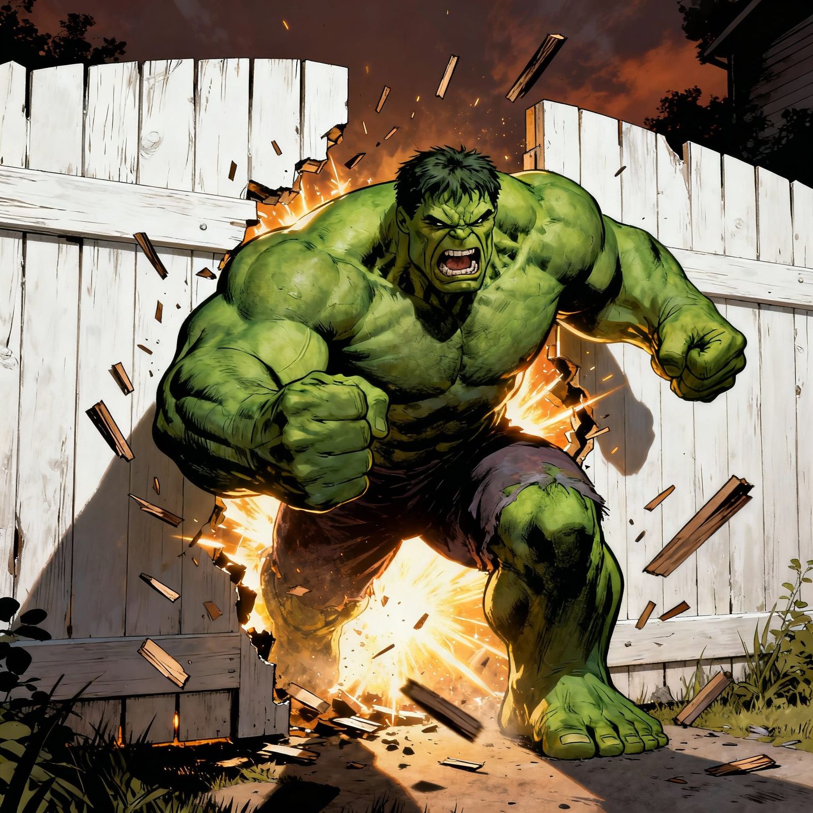 Hulk Smashes Through White Wooden Gate