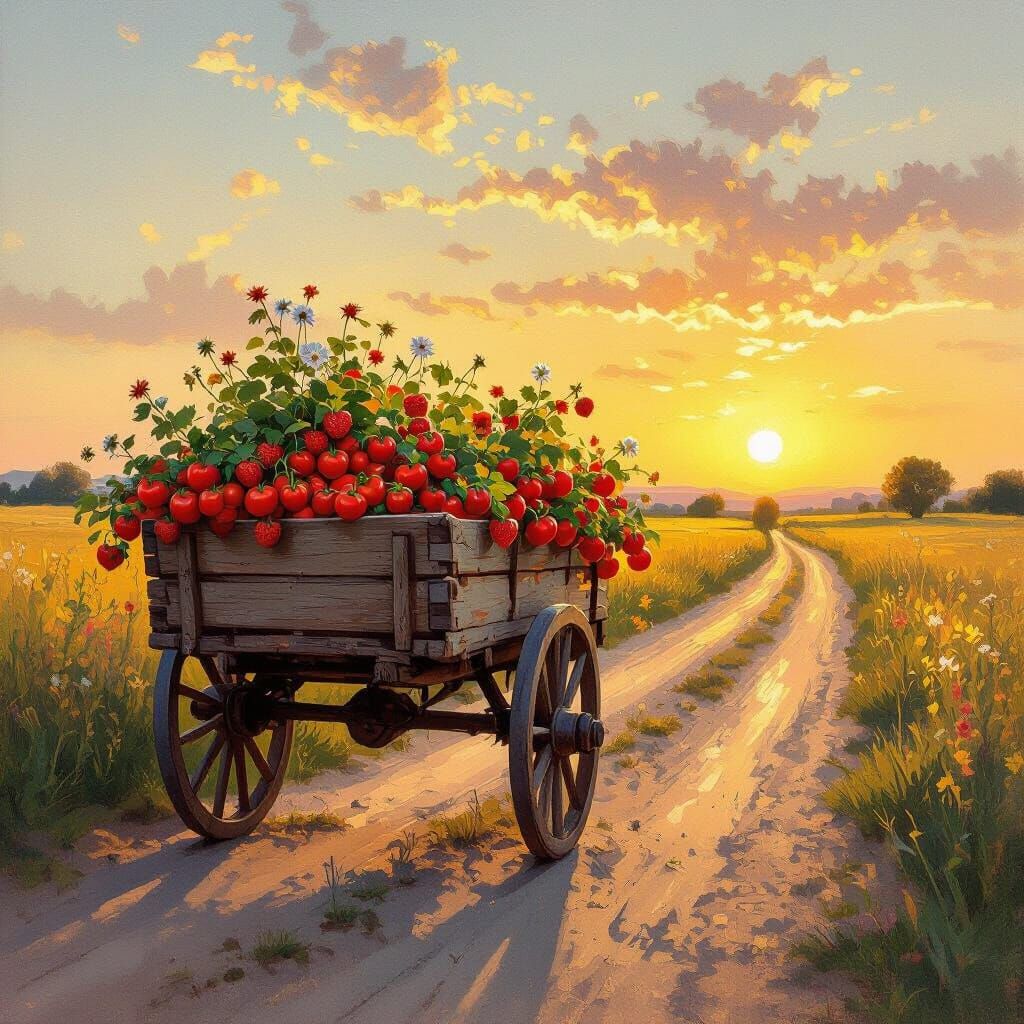 Impressionistic Sunset Cart of Strawberries and Tomatoes