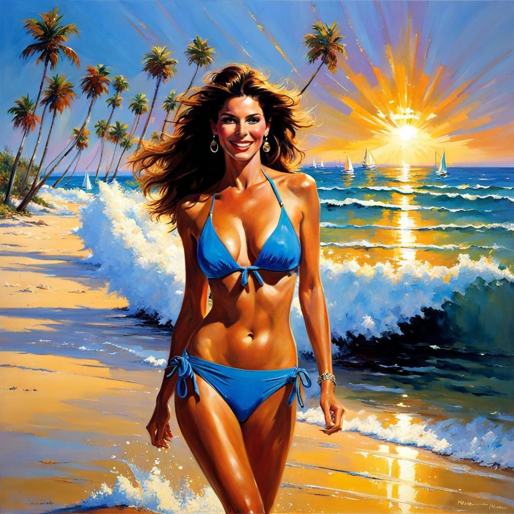 Stephanie Seymour in Blue Bikini on 1990s Beach