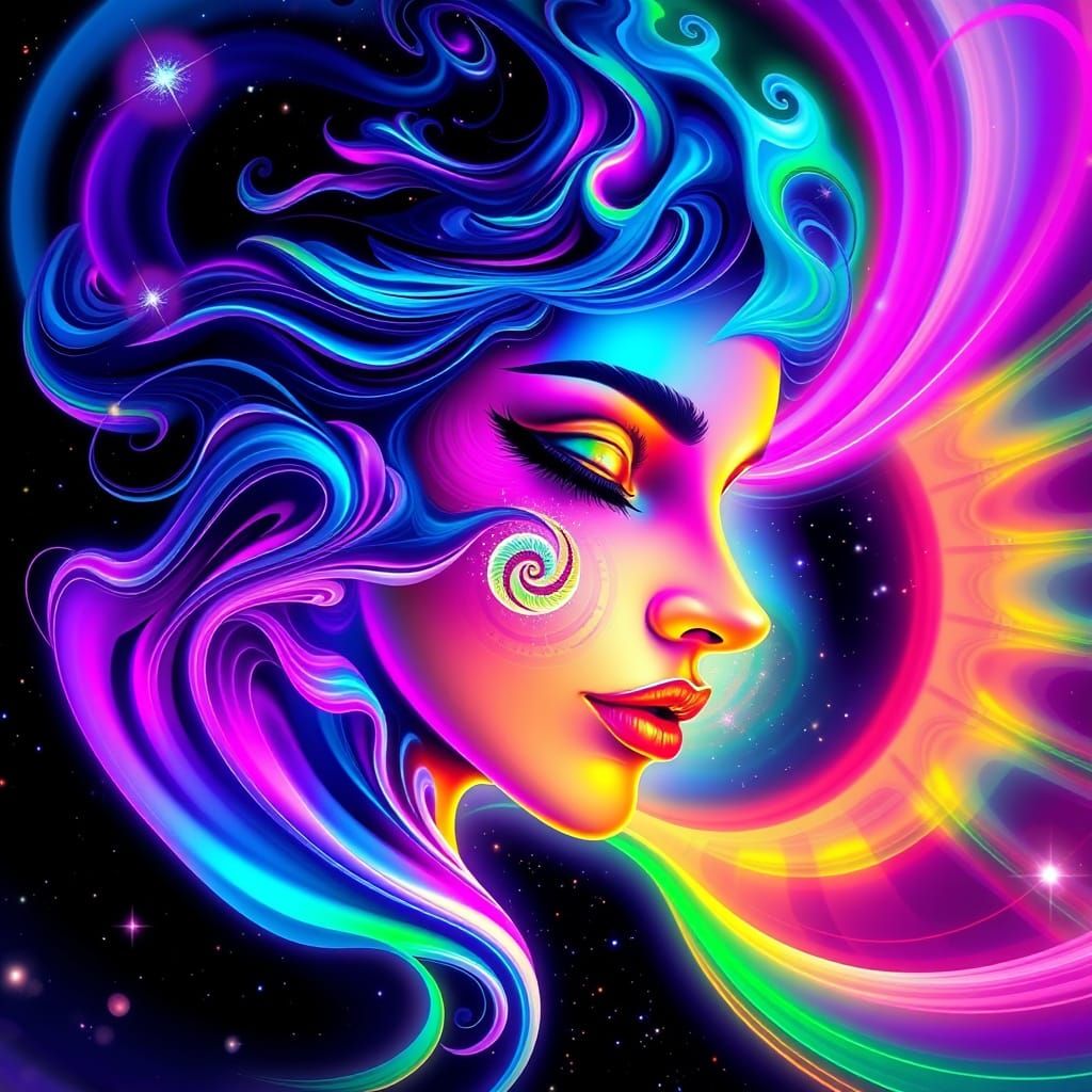 Ethereal Celestial Goddess in Vibrant Neon Fractal Spiral