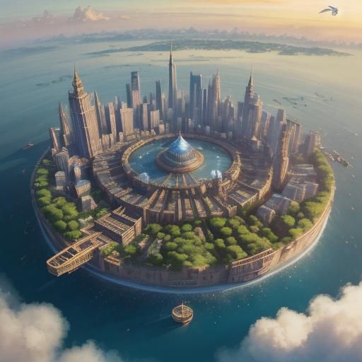 Floating Island Cityscape in Watercolor Style