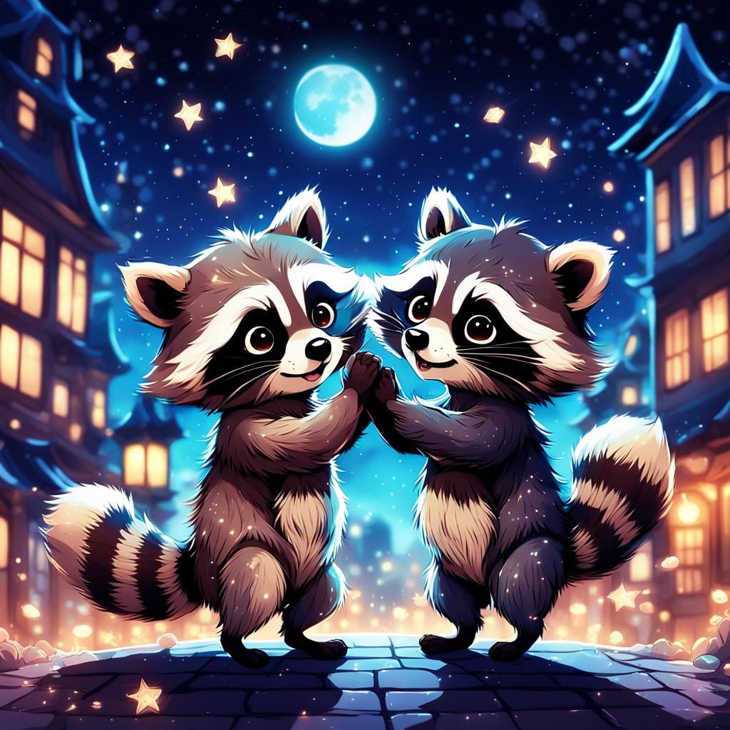 Cute Raccoons Playing at Night in Anime Style