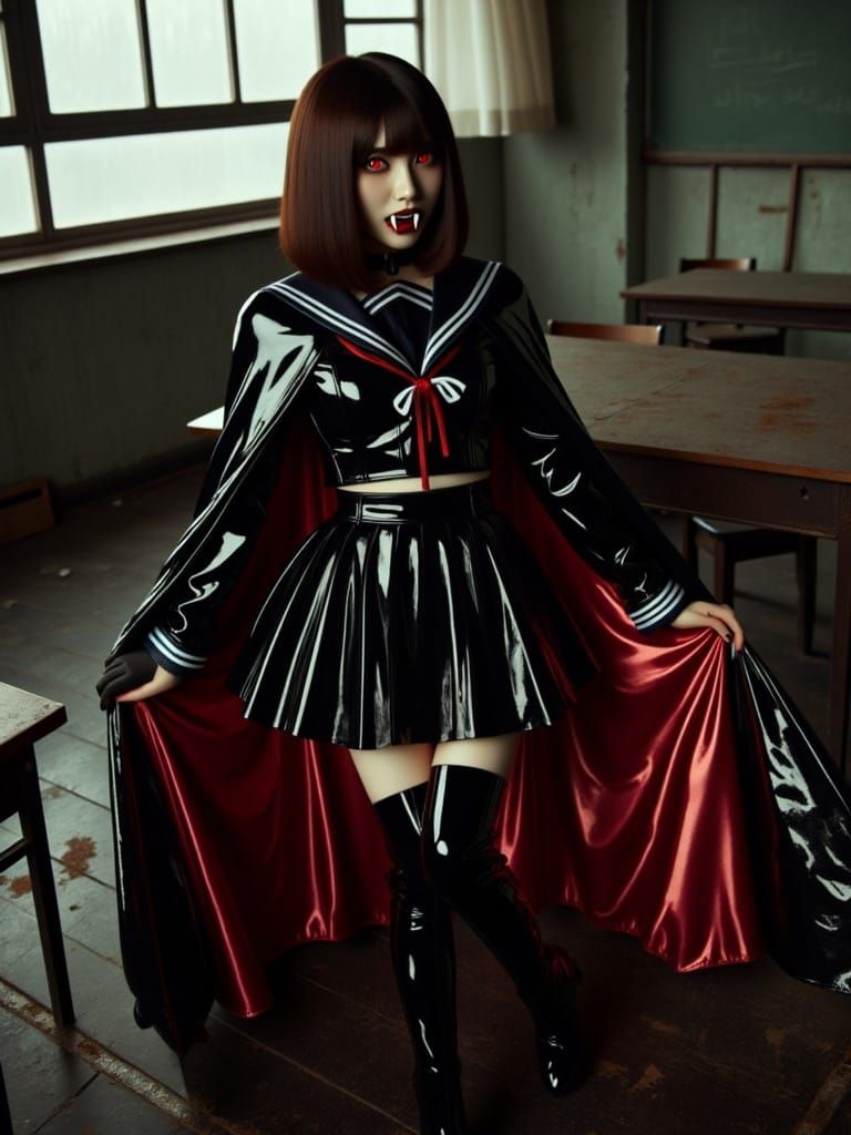 Asian Vampire Girl Awakens in Dark Classroom
