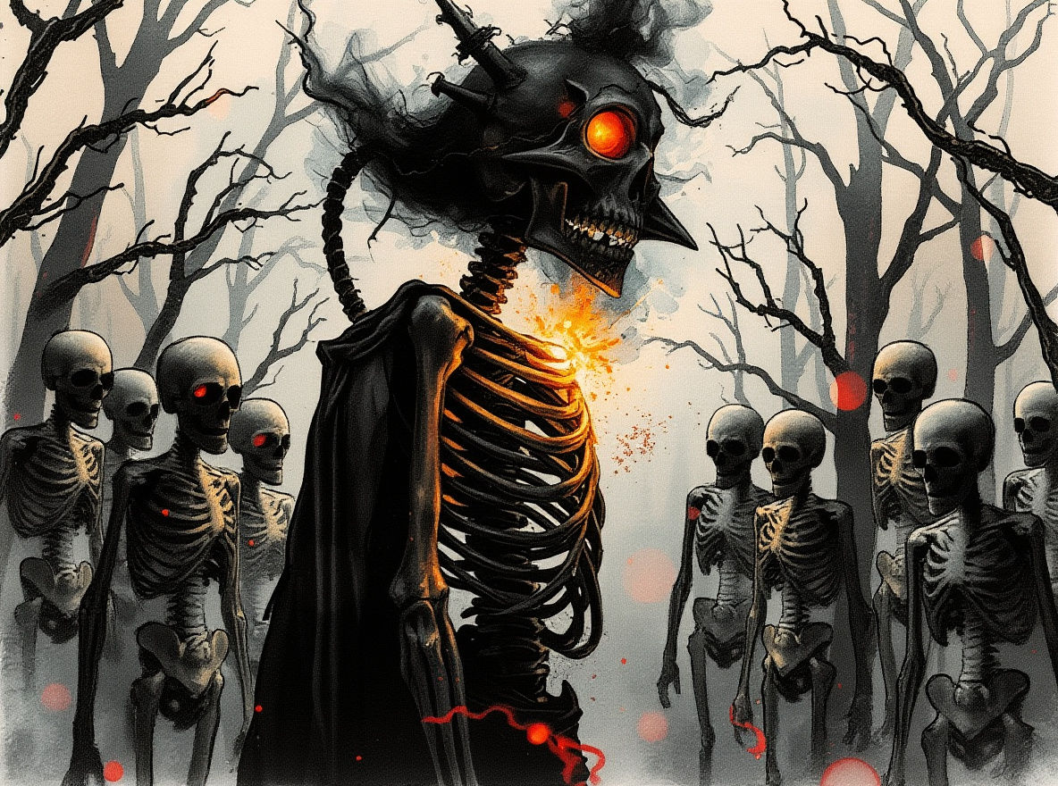 Holographic Necromancer Leading Skeleton Army in Swamp