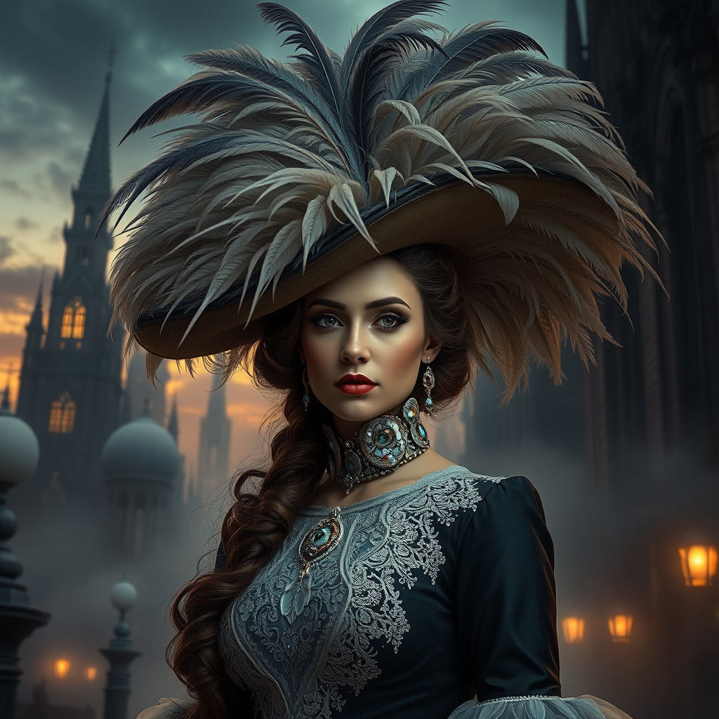 Victorian Woman in Feathered Hat at Dusk