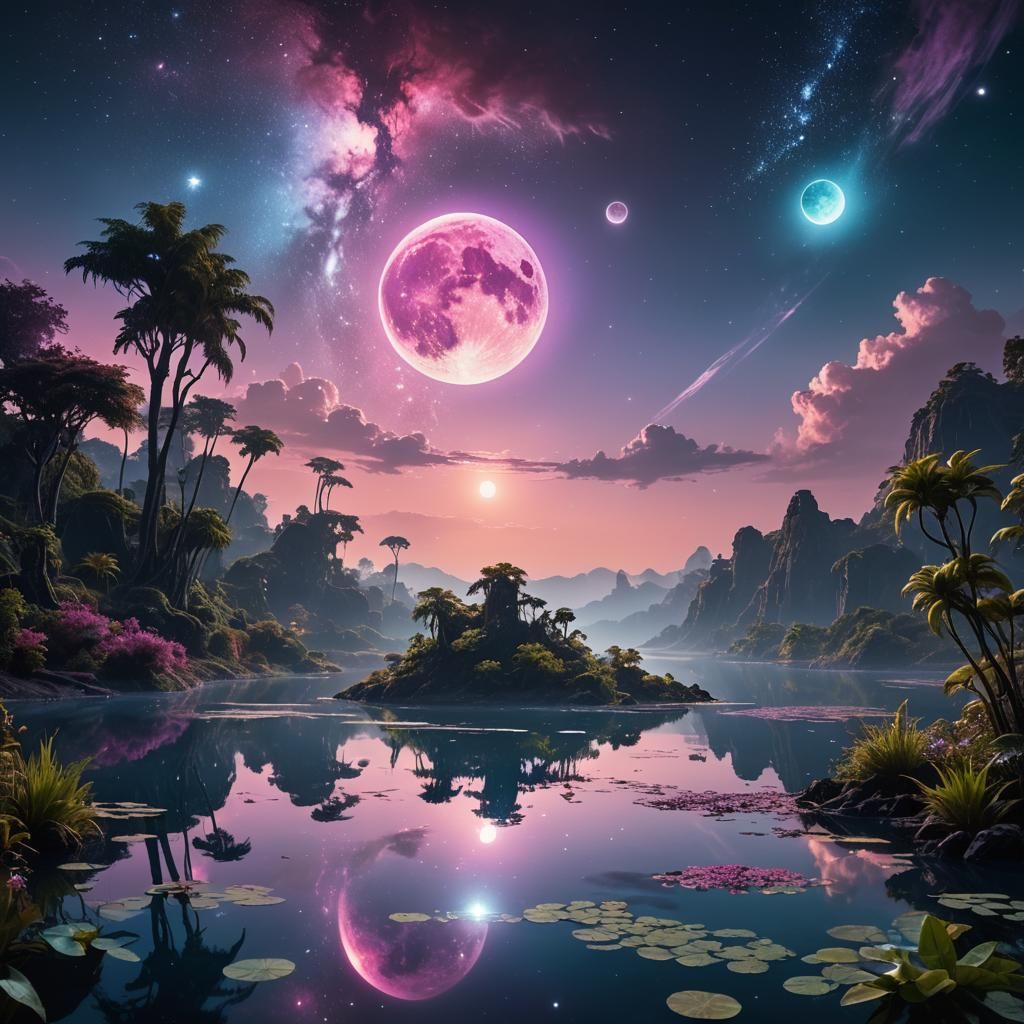 Exoplanet Landscape with Nebulae and Twin Moons