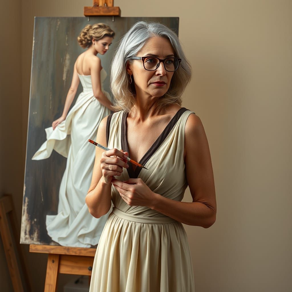 Elegant Woman Artist Paints Younger Self in Soft Studio Ligh...