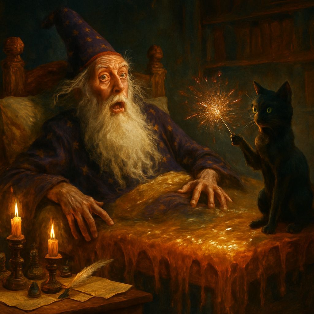 Wizard Startled in Honey Bed by Magical Cat