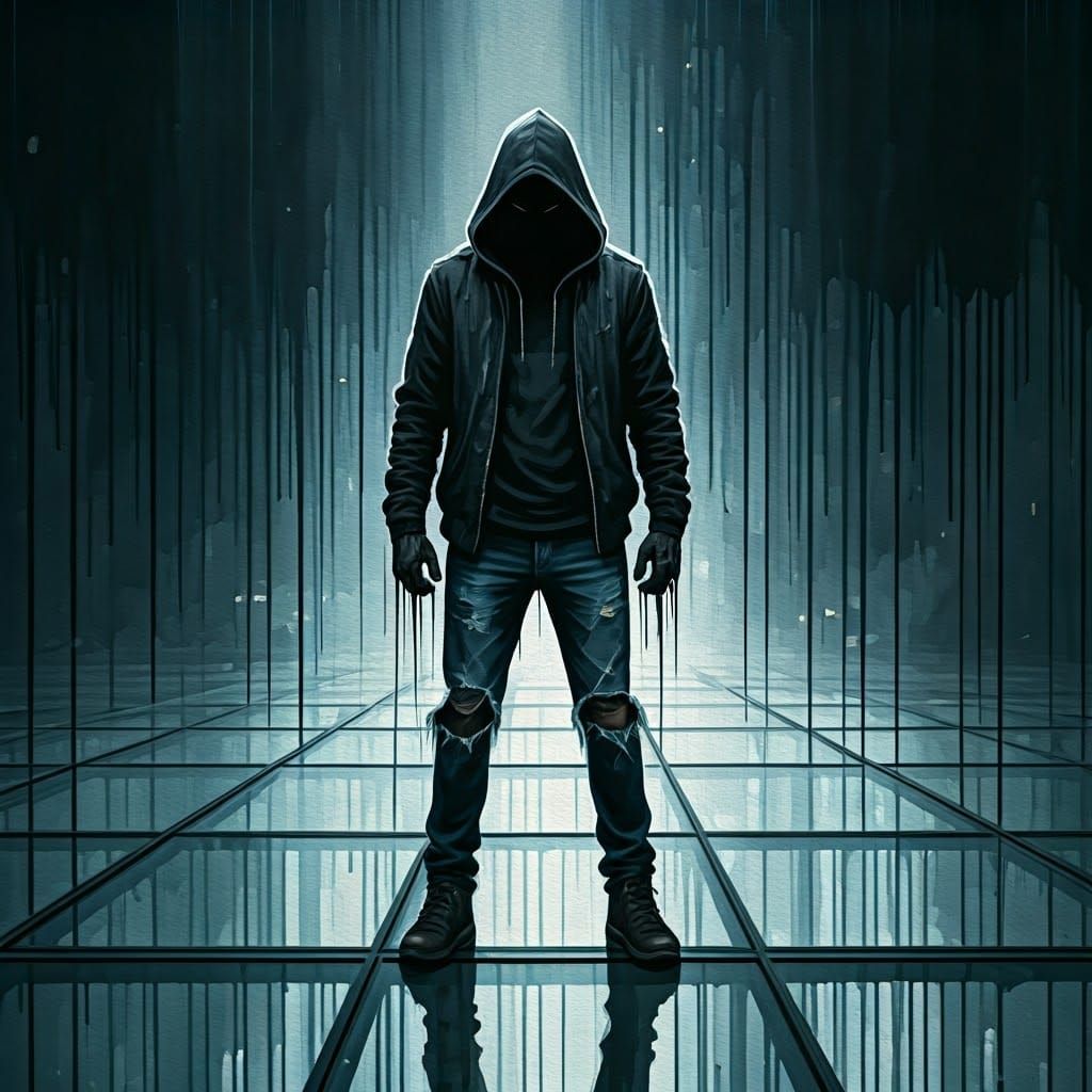 Dark Warrior Standing on Glass Floor in Thick, Dripping Pain...