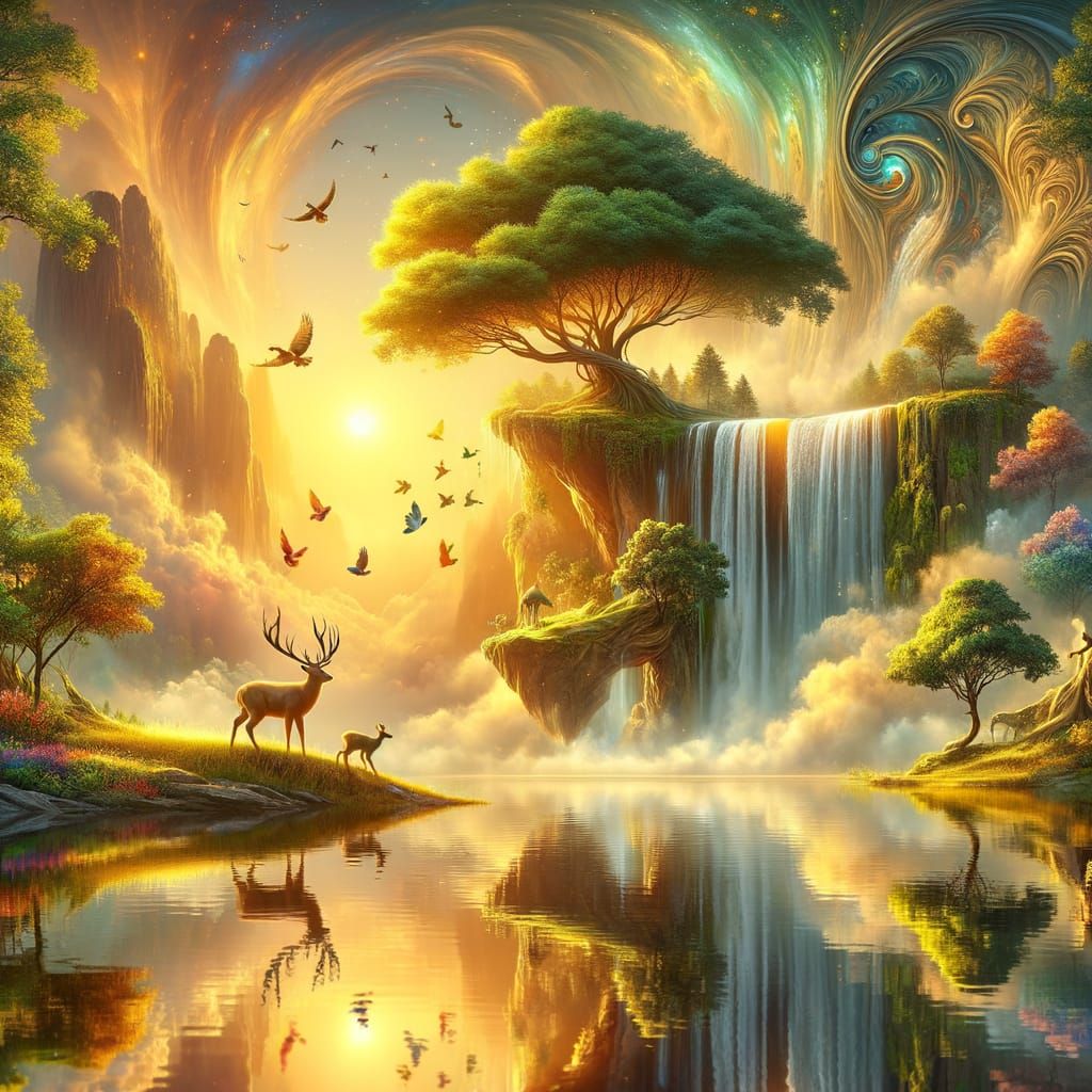 Awe-Inspiring Sunrise Landscape with Waterfall and Wildlife