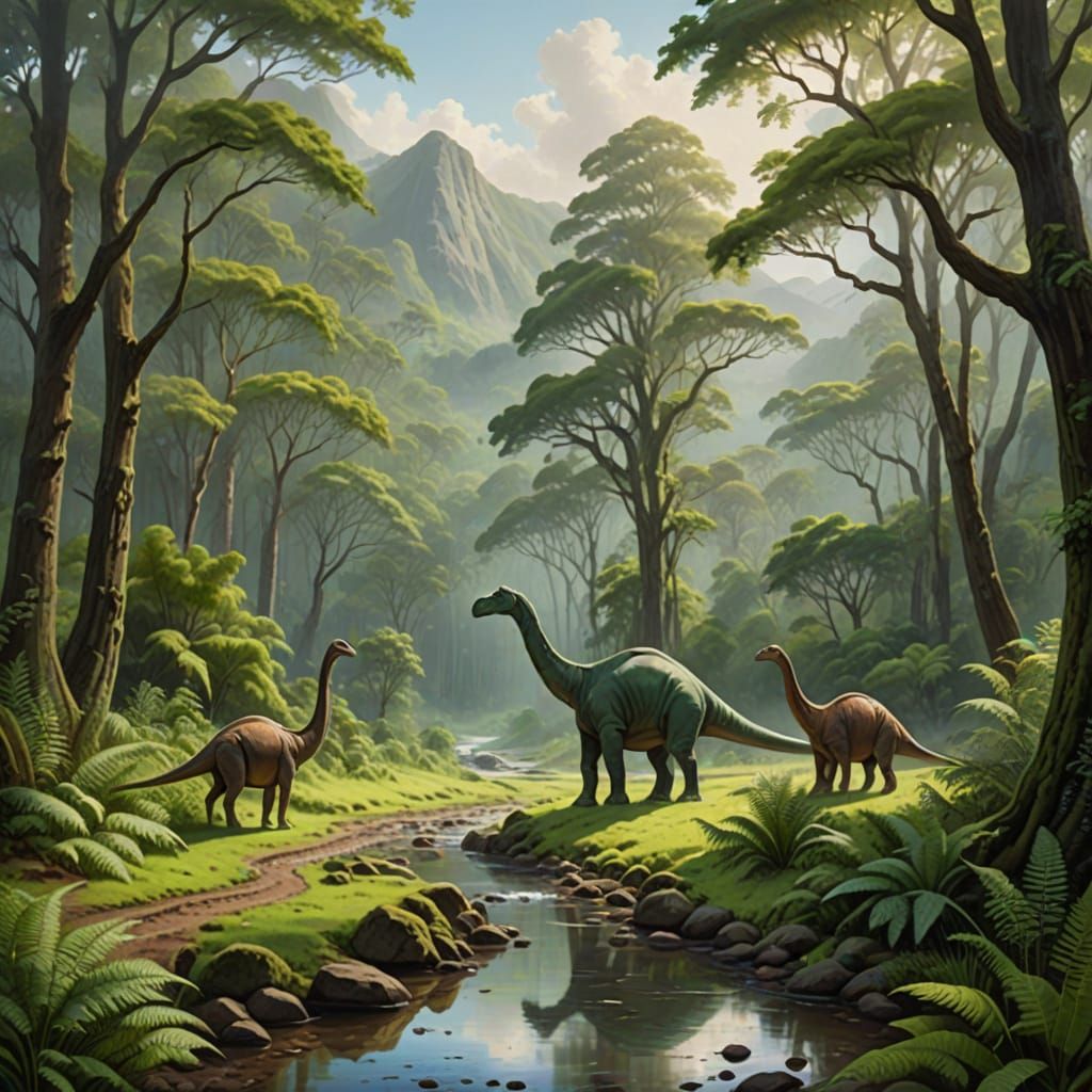 Serene Jurassic Landscape with Gentle Brontosauruses