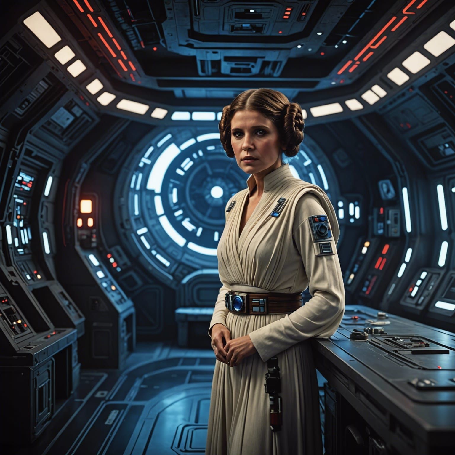 Star Wars, a thoughtful Princess Leia aboard the Millennium ...