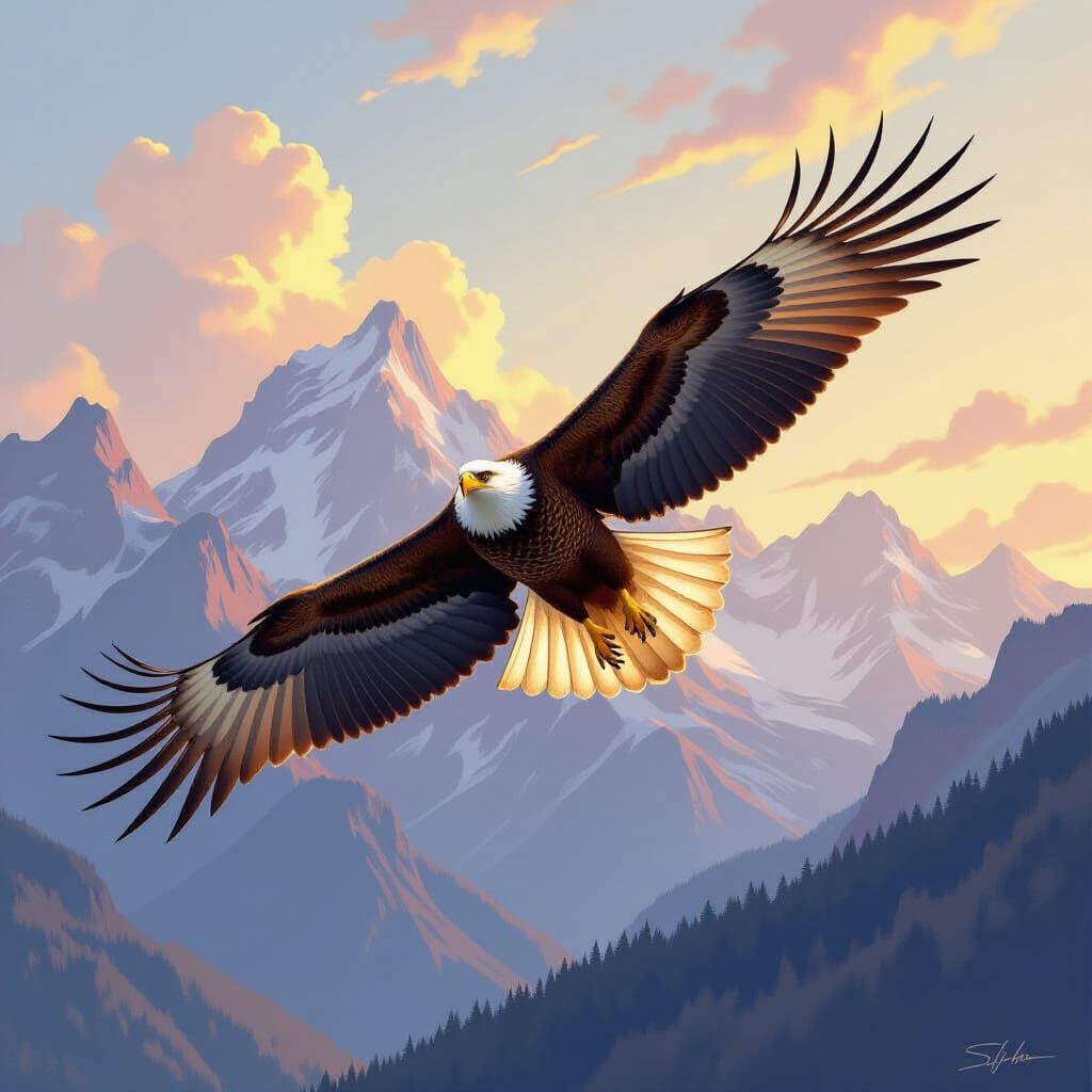 Golden Eagle Soaring Over Mountains: Oil Painting Style
