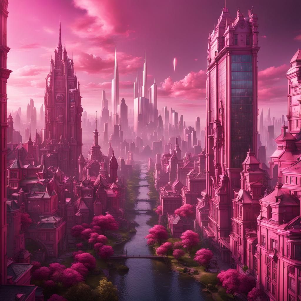 Pink City Skyline: Detailed Matte Painting