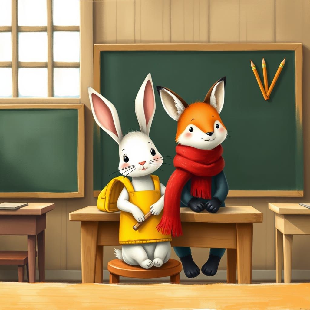 a bunny and a fox in school