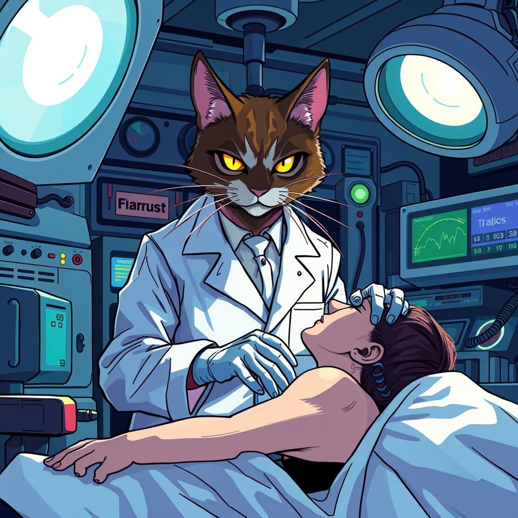 Sinister Cat Scientist Operates in Anime Style