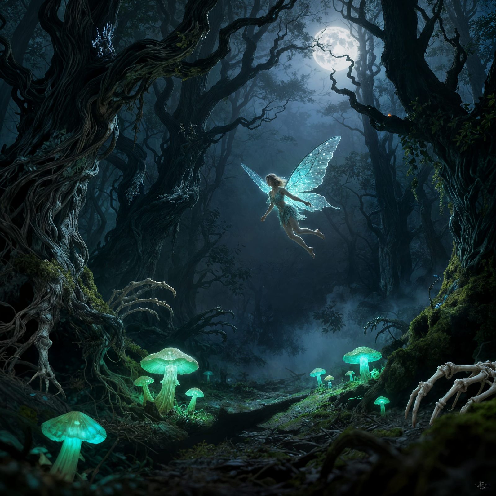 Ethereal Sprite in Moonlit Ancient Forest