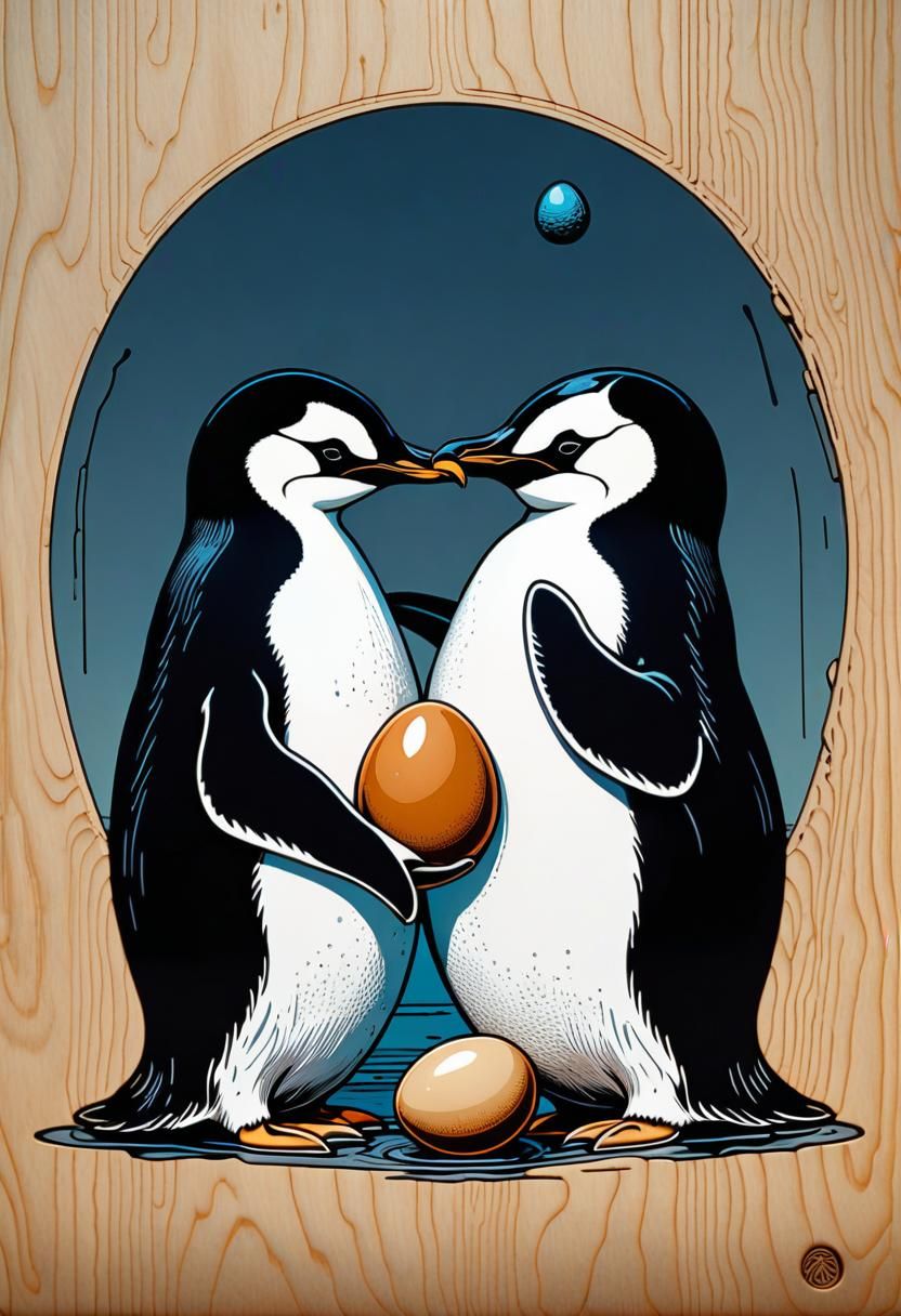 Penguin Couple and Egg: Woodcut Fantasy