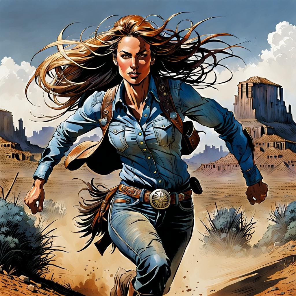 Cowgirl Running in Comic Book Style