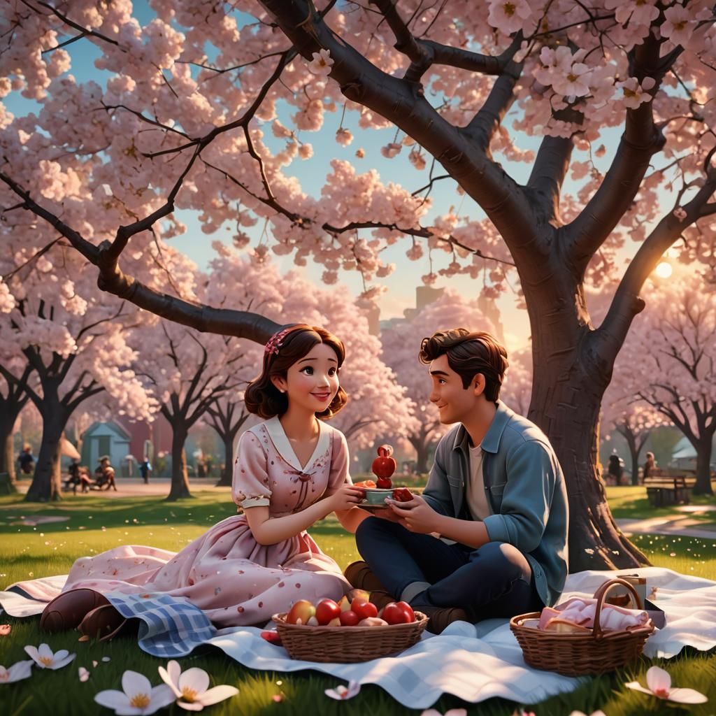 Couple's Picnic Under Cherry Tree, Disney-Style 3D Art