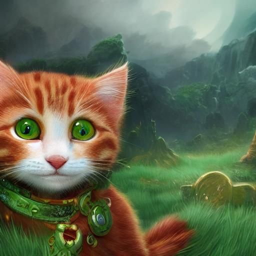 Ginger Kitten with Green Eyes, Detailed Digital Painting