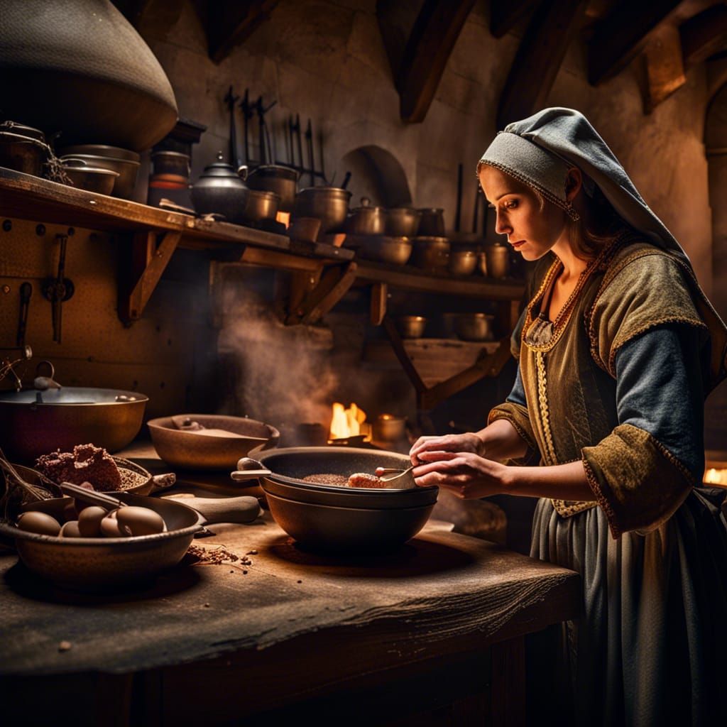Lady cooking in a medieval kitchen