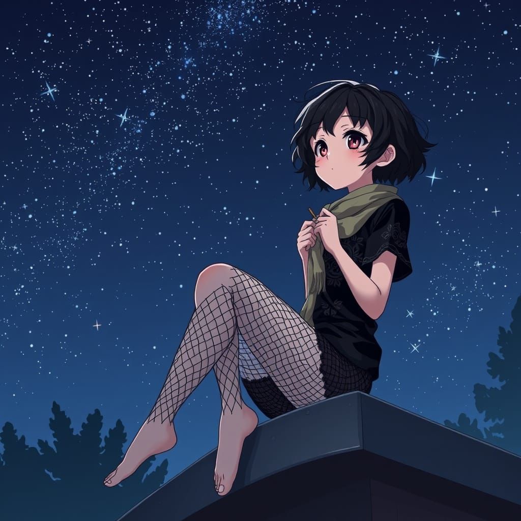 Emo-Inspired Young Woman Sits on Rooftop at Night, Knitting ...