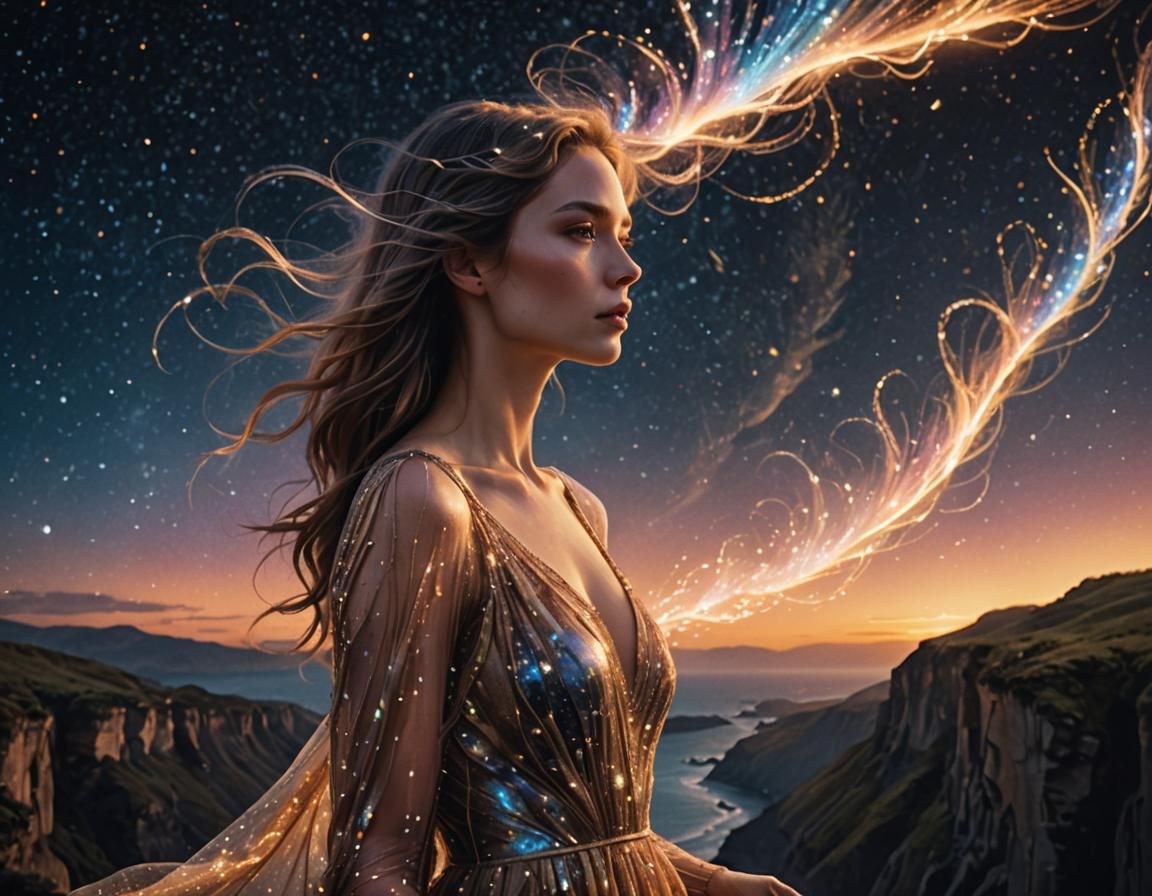 Cosmic Woman on Cliff in Dreamlike Surrealism