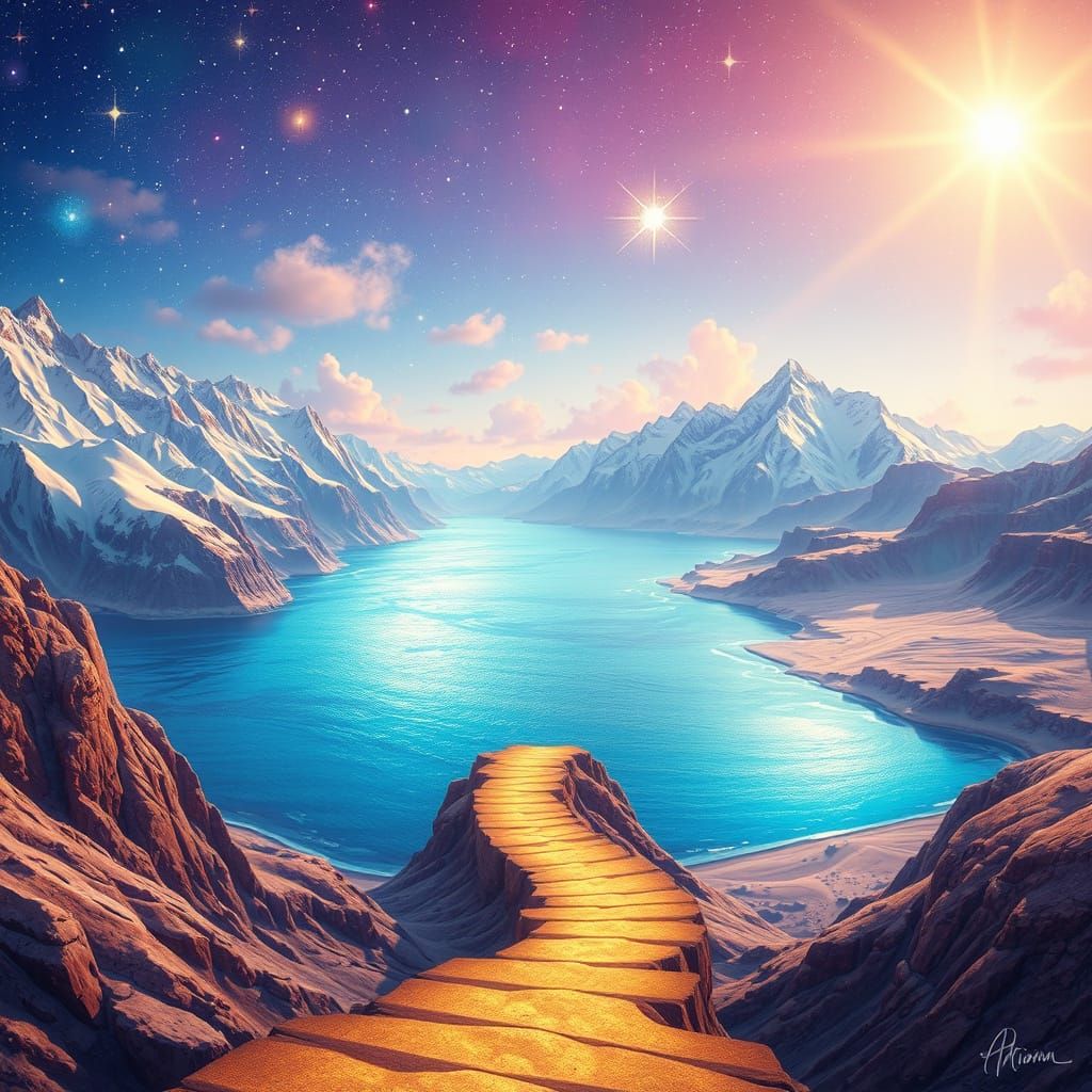 Golden Path Through Snowy Mountains in Holographic Style