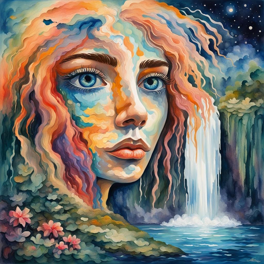 Cosmic Face Landscape as Gouache Watercolor Painting