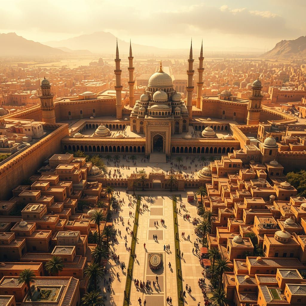 Medieval Middle-Eastern Cityscape in Vibrant Golden Light