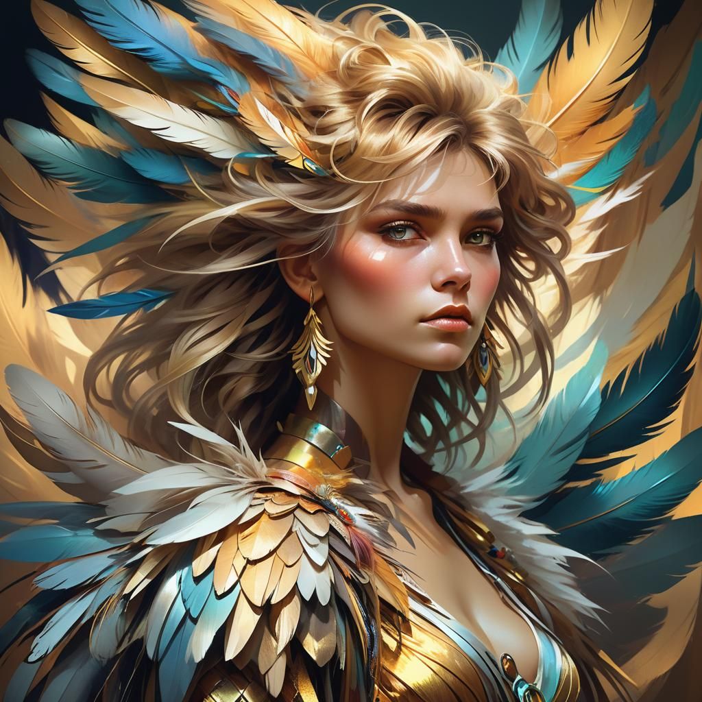 Feathered Woman Portrait in Art Nouveau Style