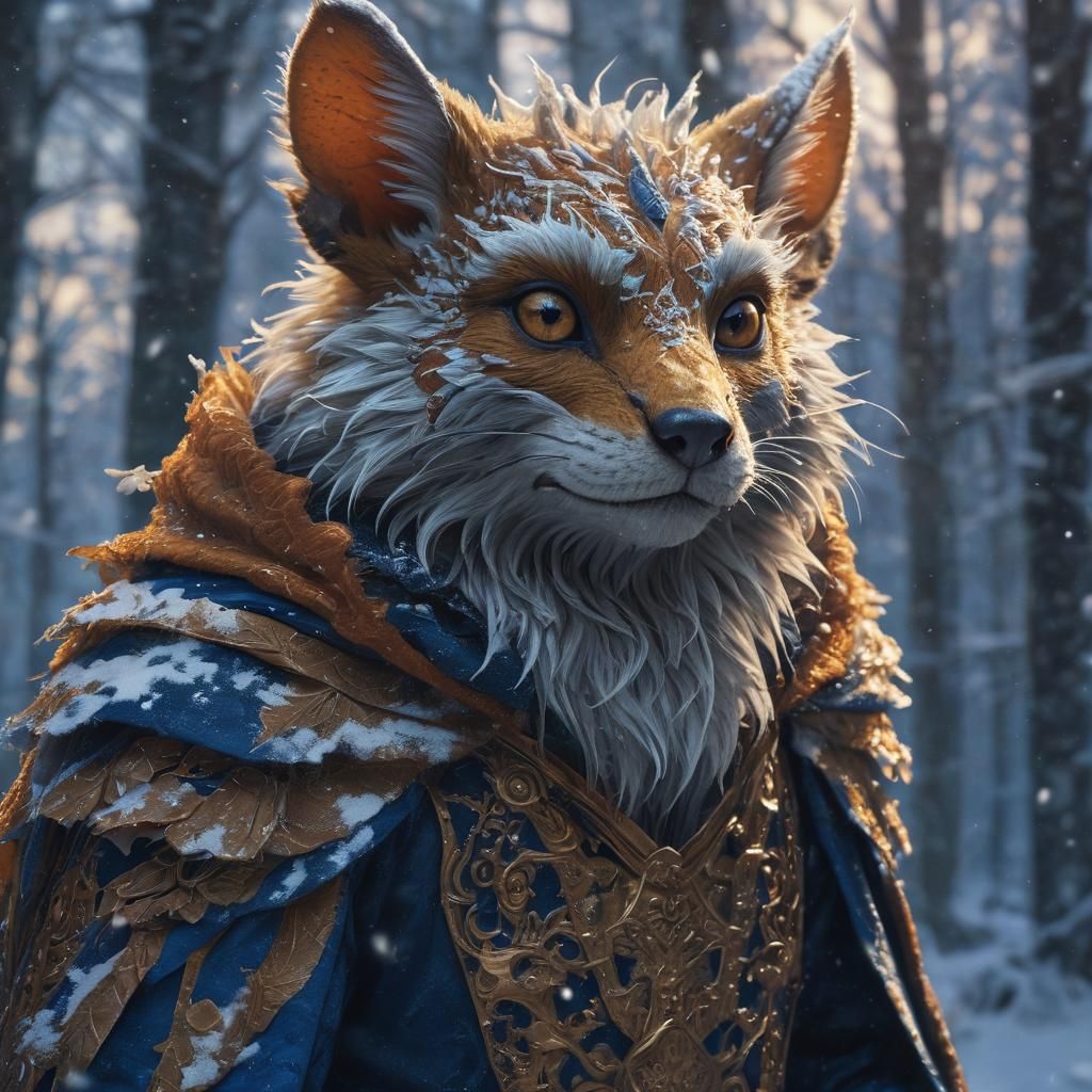 Kobold in Fur Cloak in Winter Forest