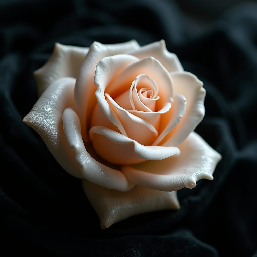 Hyperrealistic Pearl Rose with Velvet and Chrome Sparkle