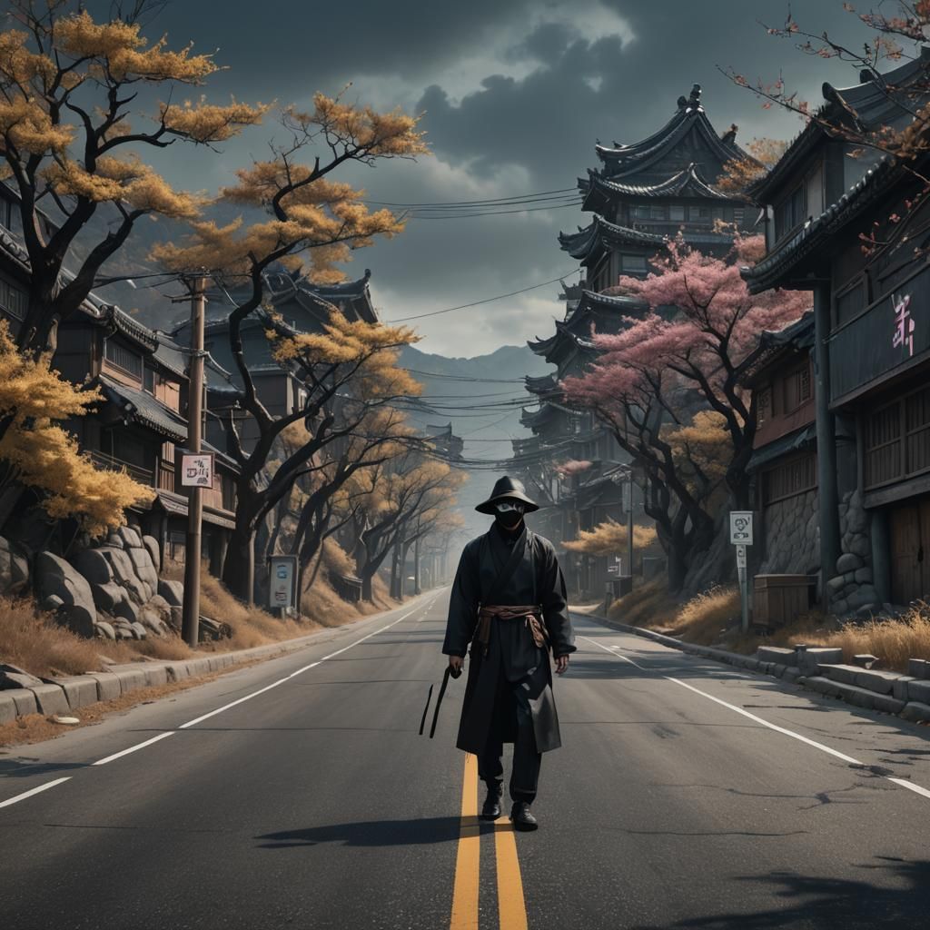 Man in Black Mask on Lonely Road: Fantasy Art