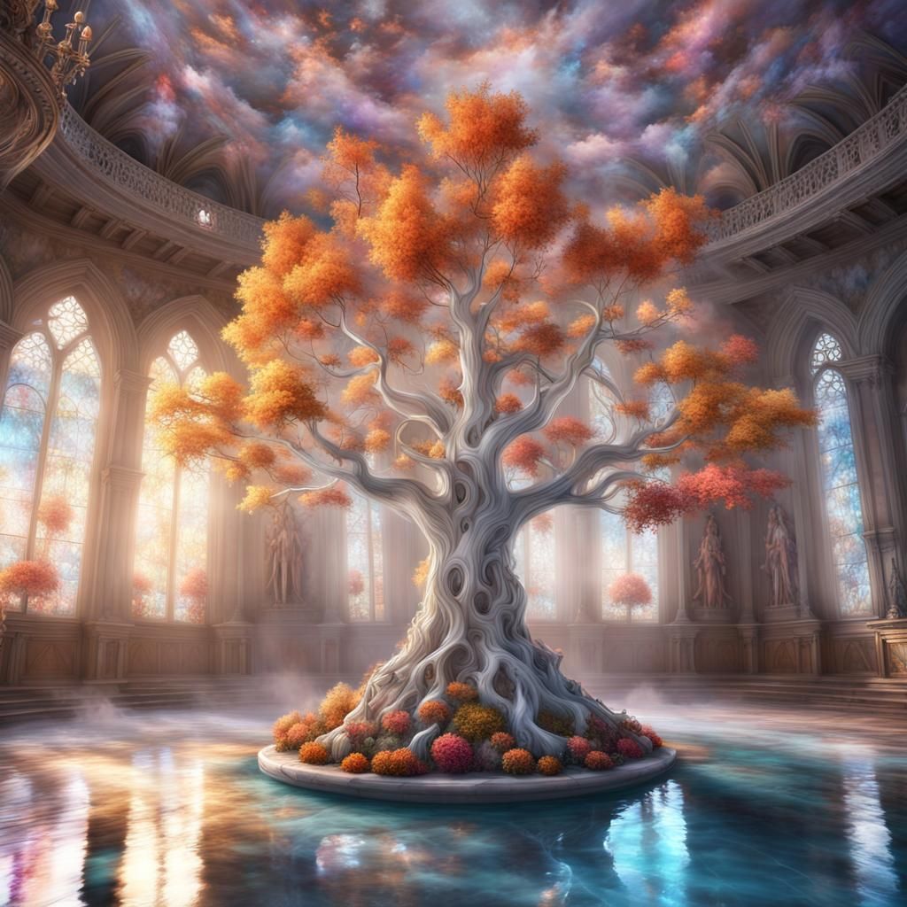 Luminescent Tree with Fire and Crystals in Fantasy Pool